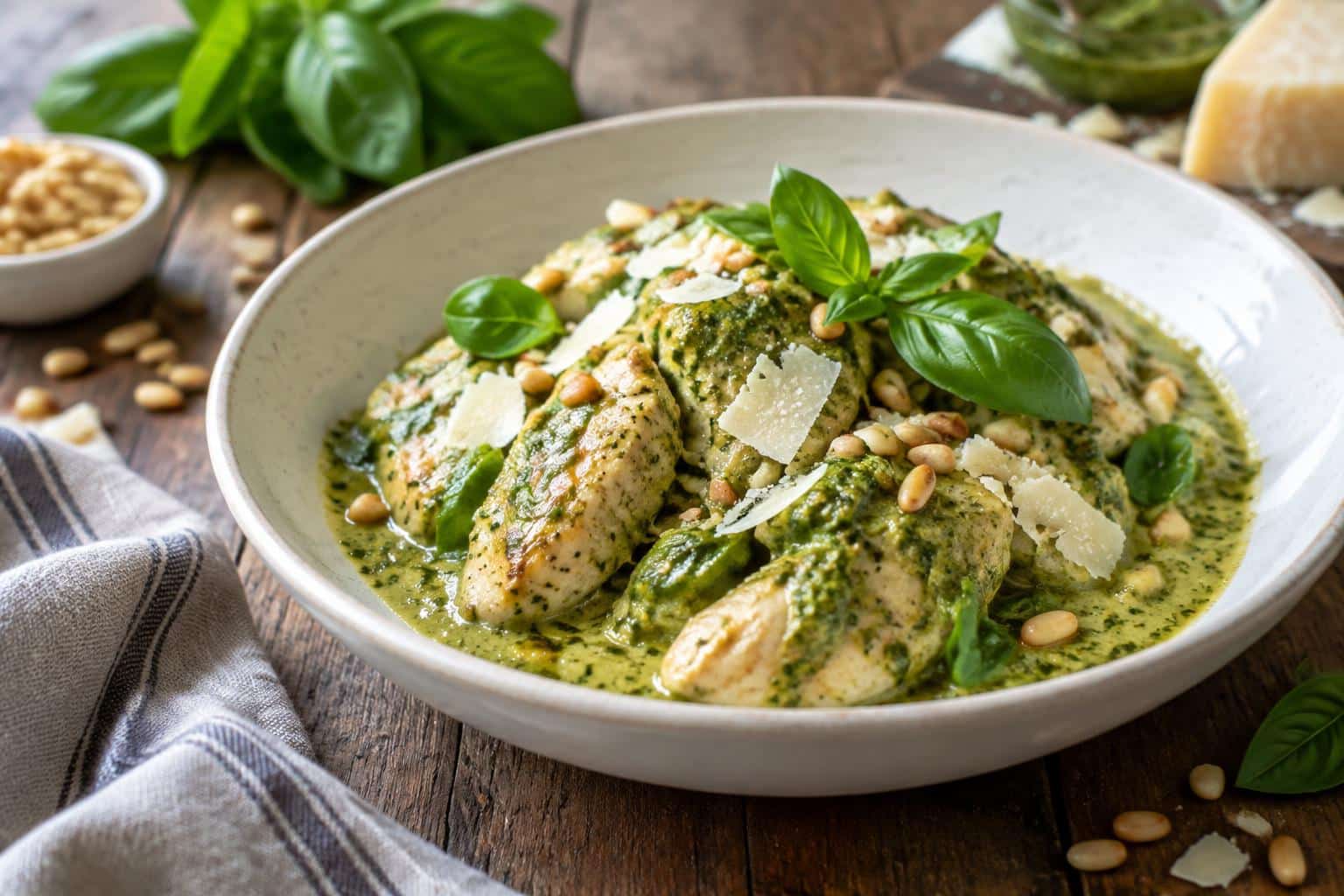 Creamy pesto chicken served in a white bowl garnished with fresh basil and parmesan