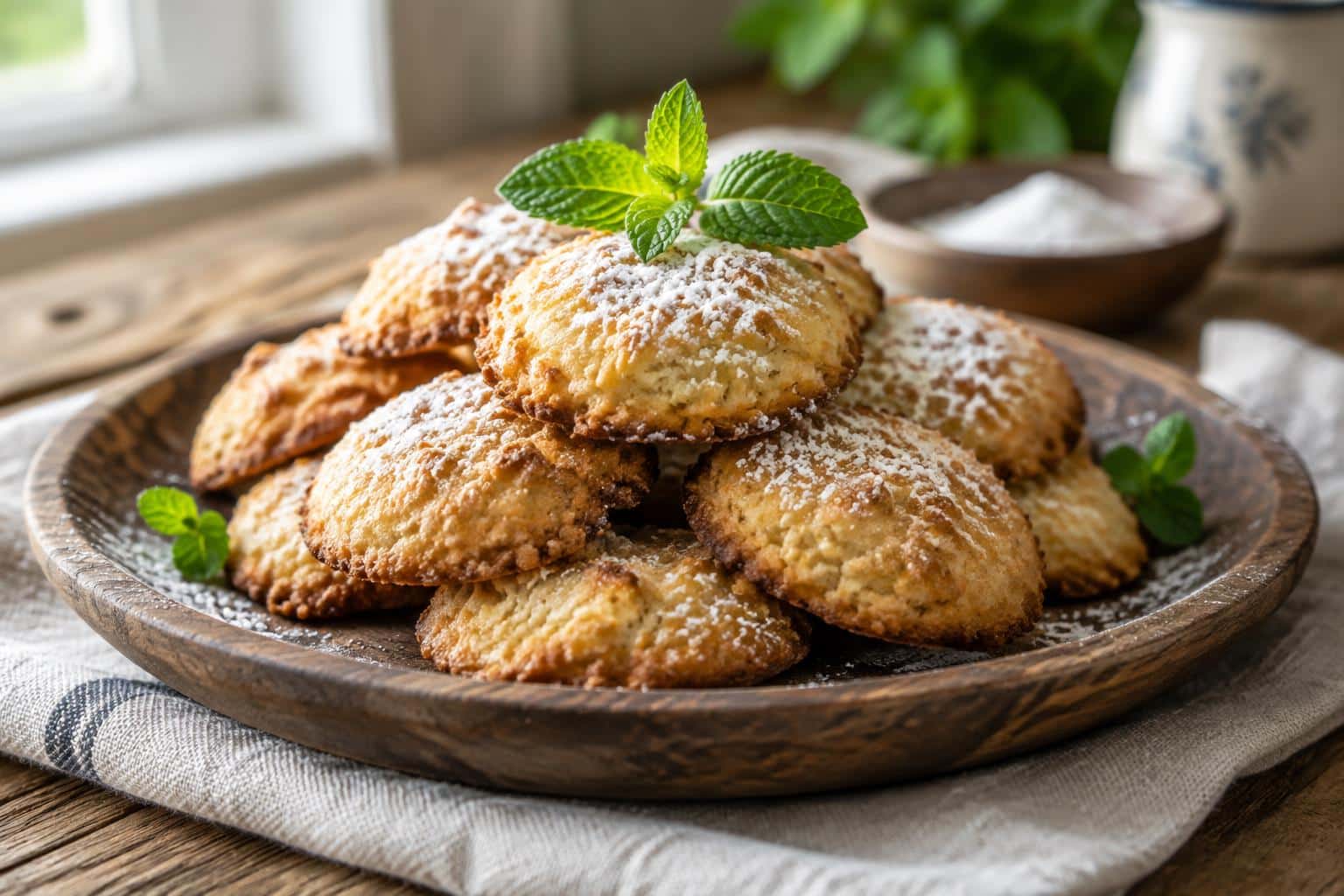 Golden-brown forgotten cookies stacked on wooden plate with powdered sugar and mint garnish