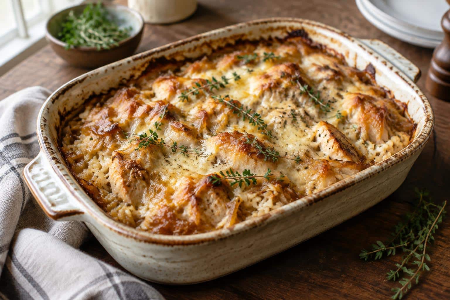 Golden baked french onion chicken casserole with melted cheese and fresh thyme garnish