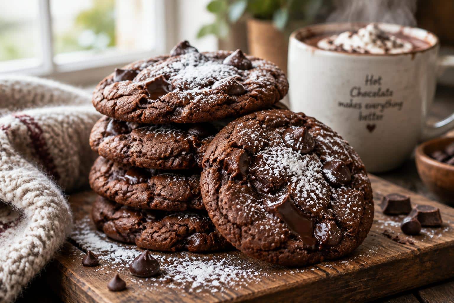Freshly baked hot chocolate cookies with melted chocolate chips and powdered sugar, perfect hot chocolate cookies treat