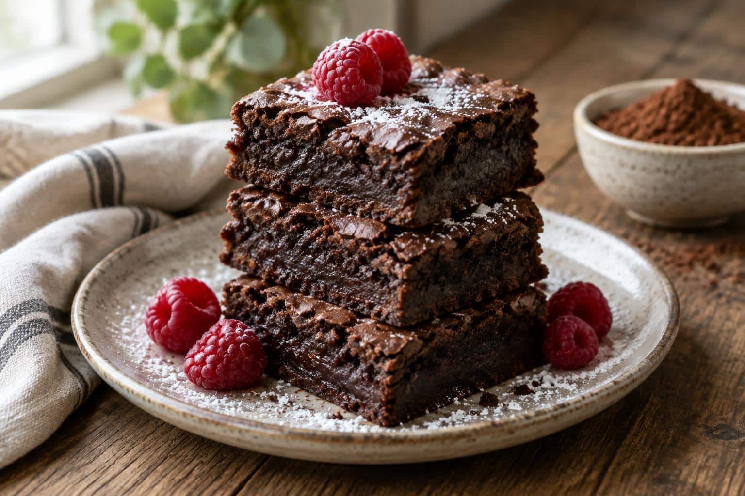 Fudgy and chewy keto brownie recipe served on a rustic plate with raspberries and powdered erythritol