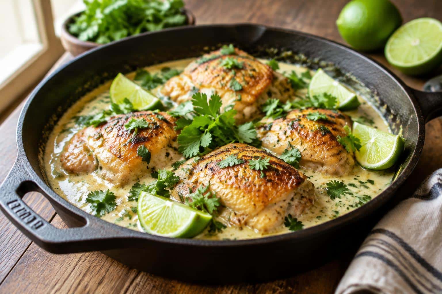 One pan coconut lime chicken with creamy sauce and lime wedges in a rustic skillet