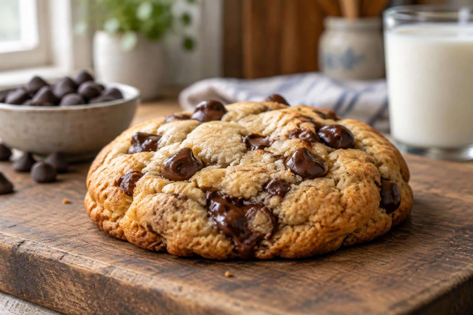 Ultra thick chocolate chip cookies with gooey melted chips and golden edges on rustic wooden board