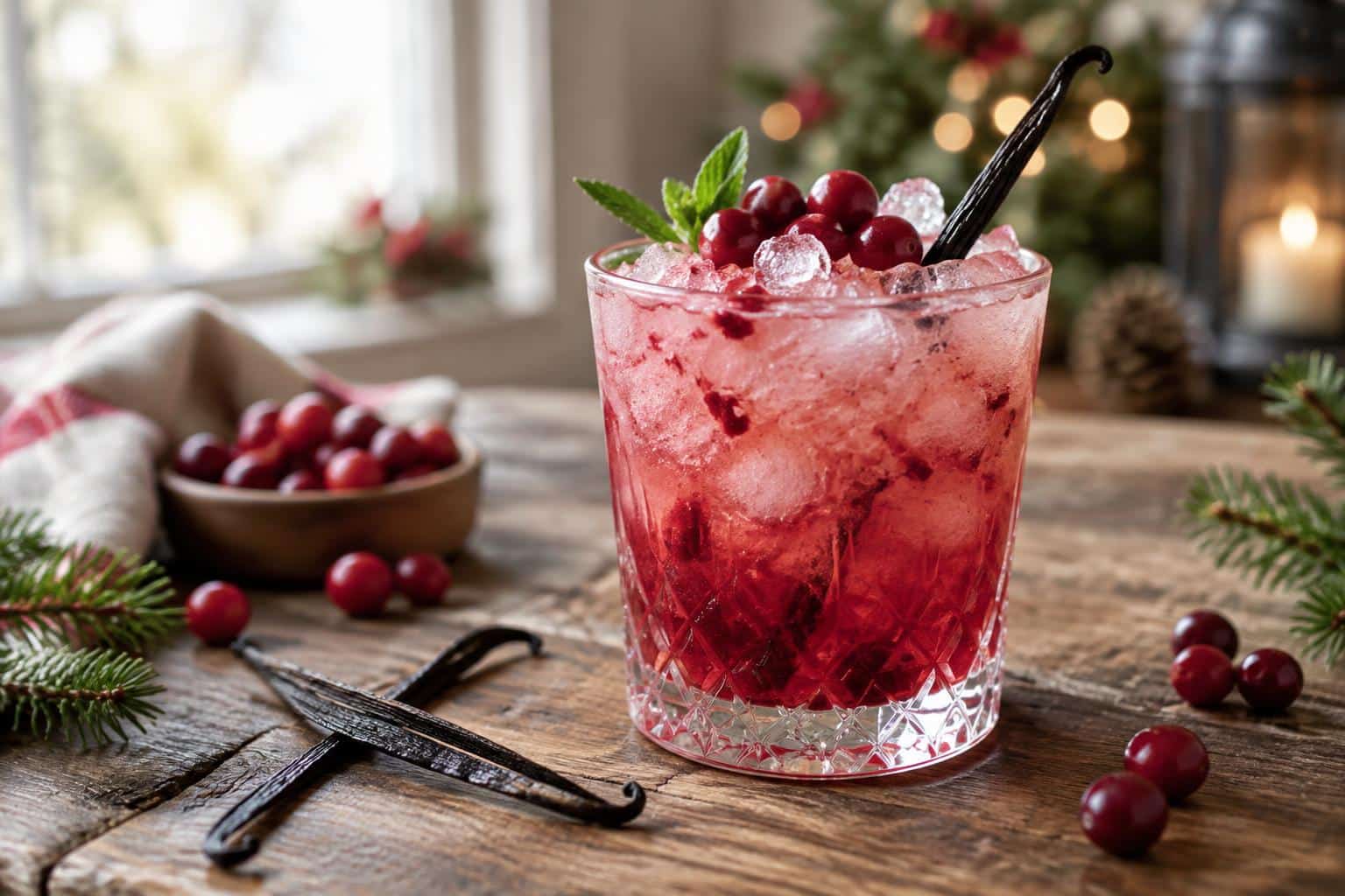 Refreshing vanilla cranberry crush mocktail garnished with fresh cranberries and vanilla bean pod