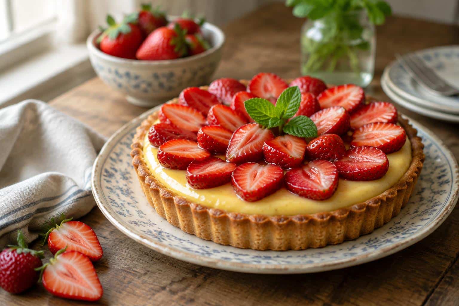 Vanilla custard tart topped with fresh strawberries and mint garnish in natural light