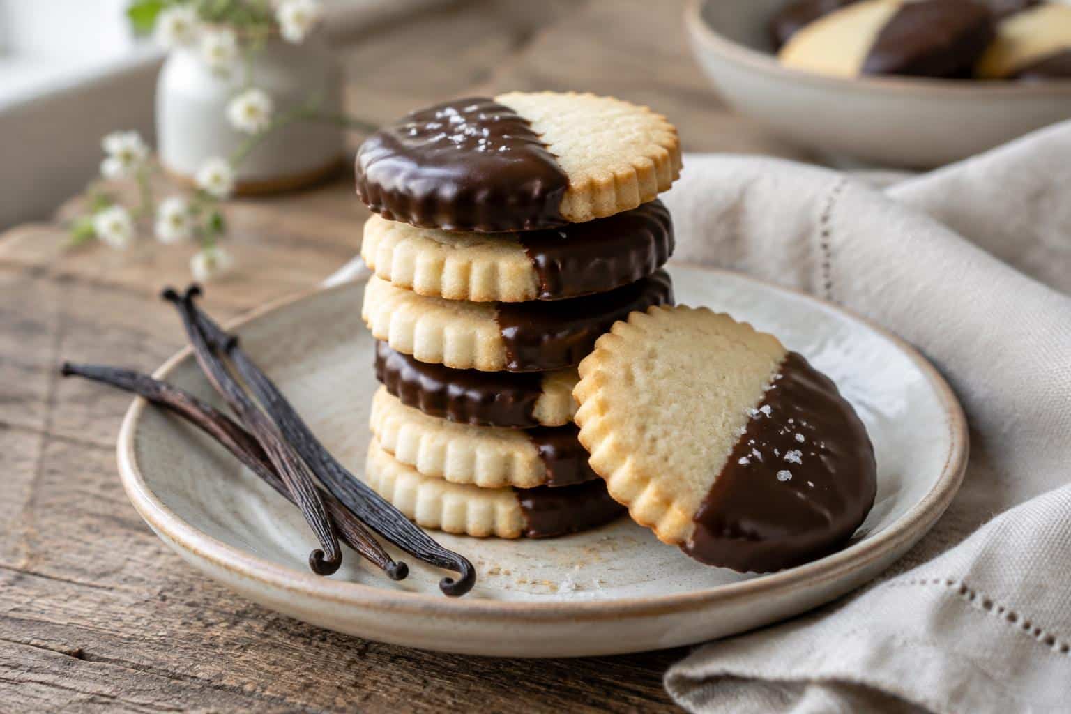 Elegant vanilla shortbread cookies partially dipped in chocolate on rustic wooden surface