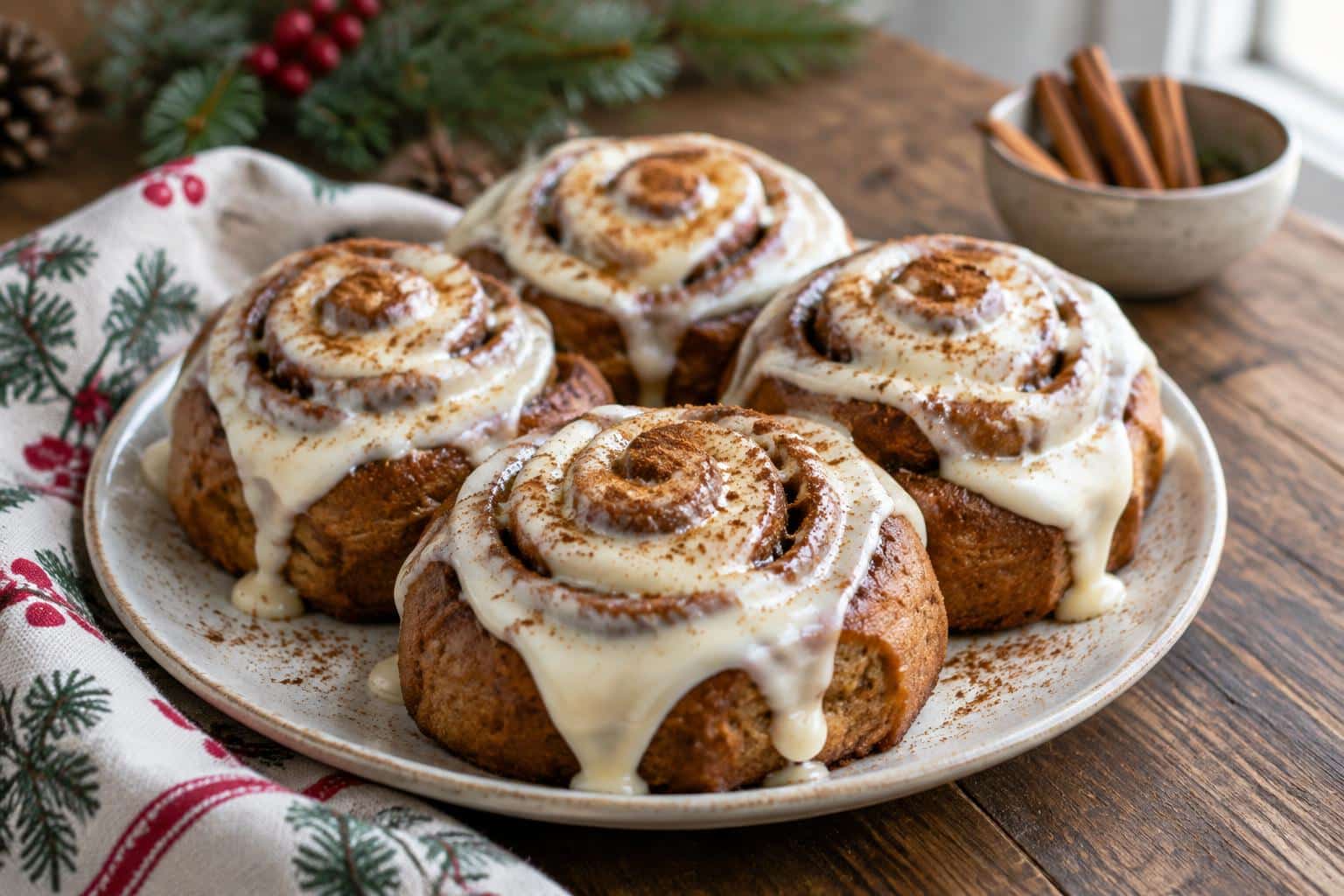 A plate of vegan gingerbread cinnamon rolls with cream cheese glaze, showcasing vegan gingerbread cinnamon rolls