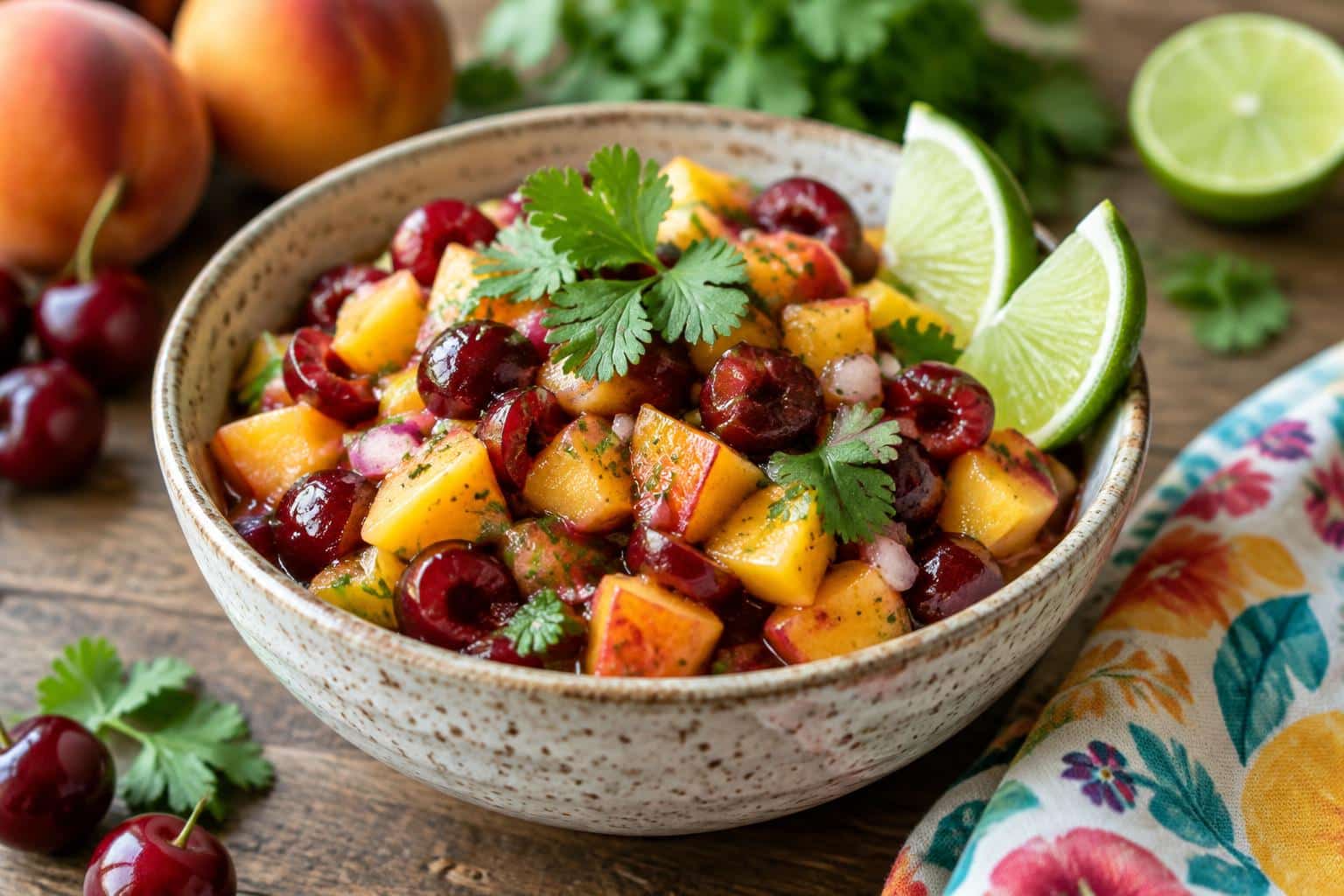 Fresh peach cherry salsa in a bowl garnished with cilantro and lime wedges, showcasing the peach cherry salsa