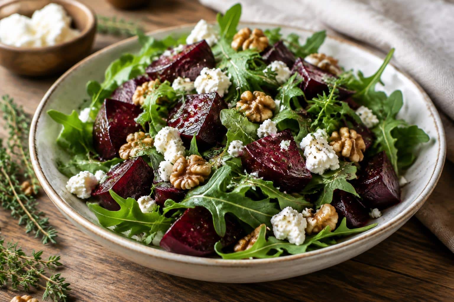 Vibrant roasted beet salad with arugula, feta, and crunchy walnuts on rustic wooden table