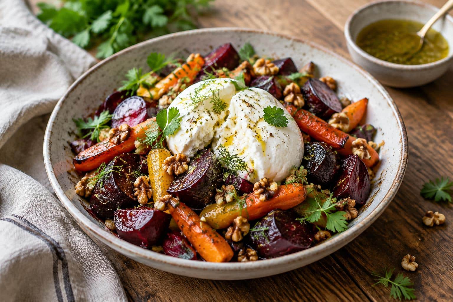Vibrant roasted beet salad with creamy burrata and fresh herbs on a rustic table