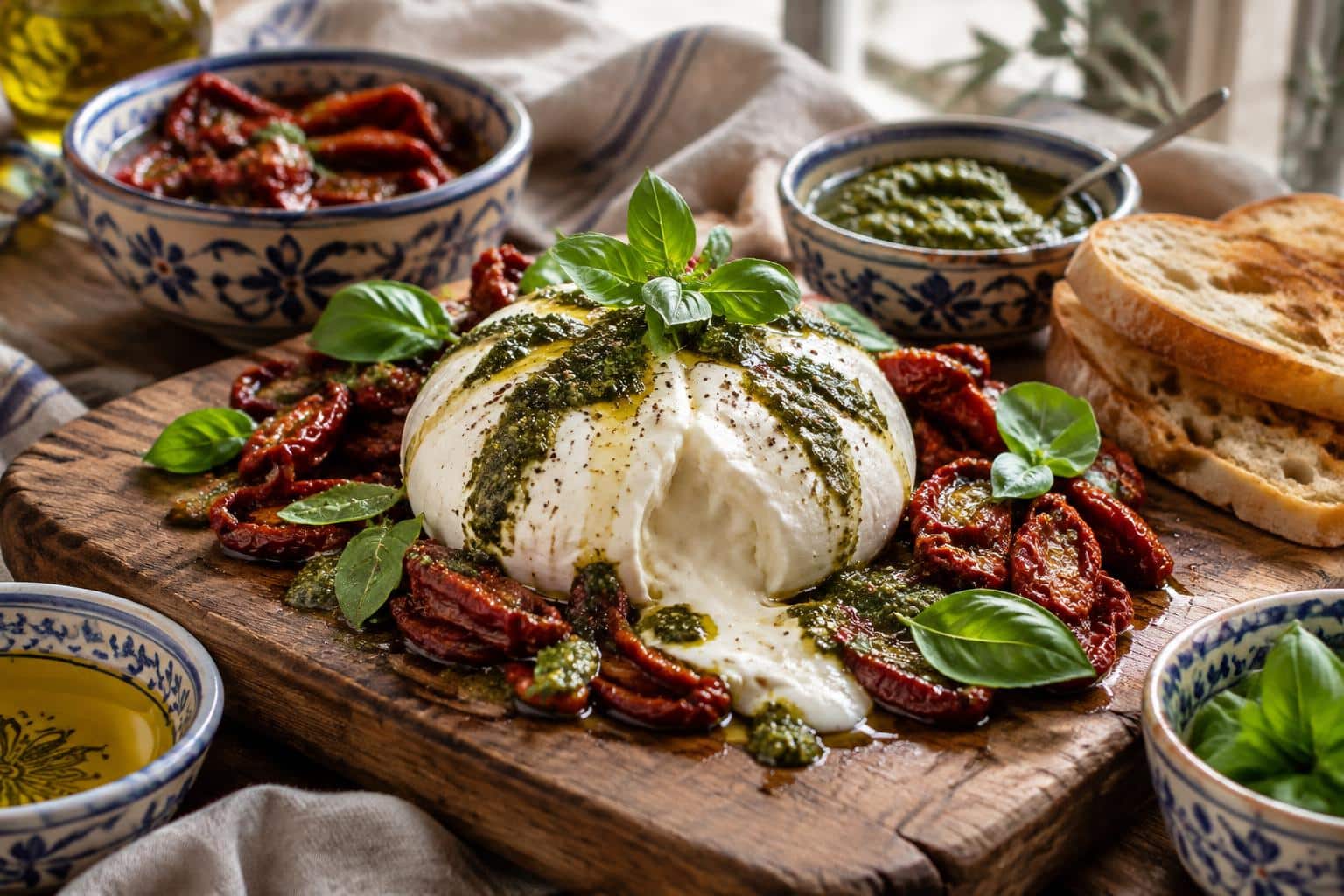 Warm burrata tapas board with sundried tomatoes and pesto drizzle on rustic wooden board
