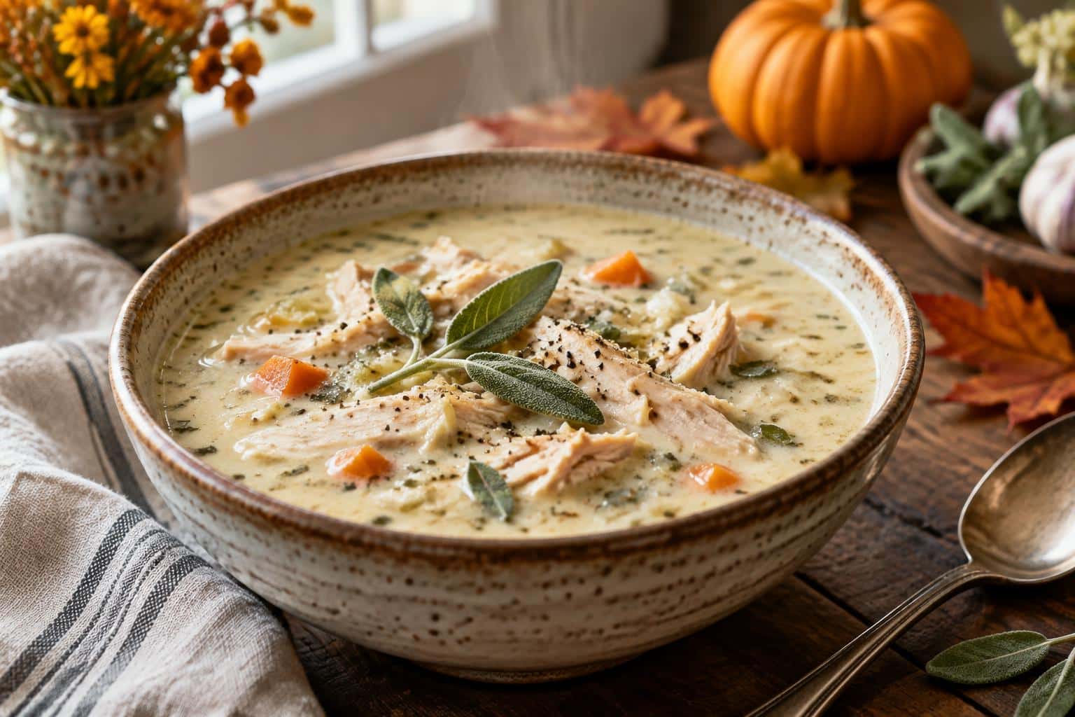 Creamy garlic sage chicken soup in a rustic bowl garnished with fresh sage leaves and black pepper
