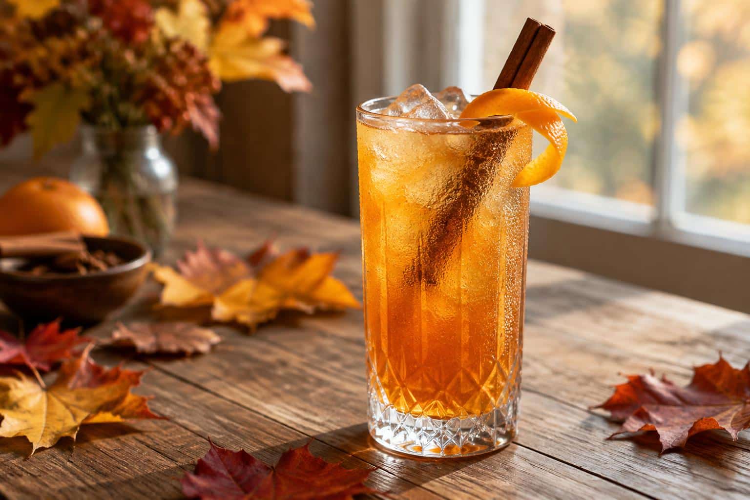 fall gin cocktails in a tall glass with cinnamon stick and orange twist garnish on rustic table