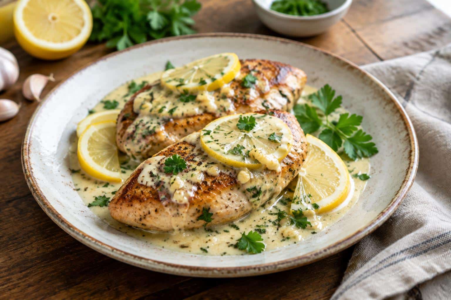Creamy garlic lemon chicken plated with garnish and lemon slices, showcasing creamy garlic lemon chicken