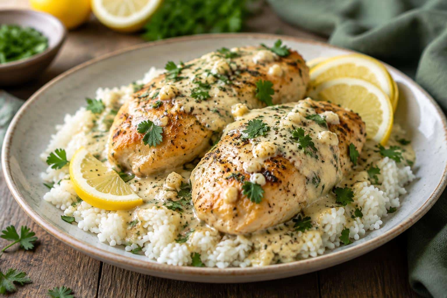 Creamy garlic lemon chicken plated with creamy sauce and lemon garnish in natural soft light