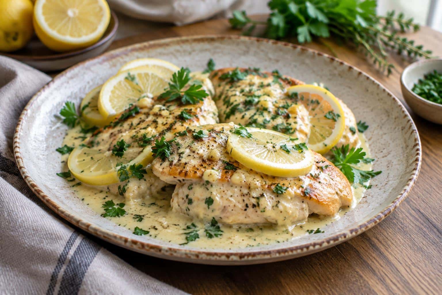 Plate of creamy garlic lemon chicken garnished with parsley and lemon slices, creamy garlic lemon chicken