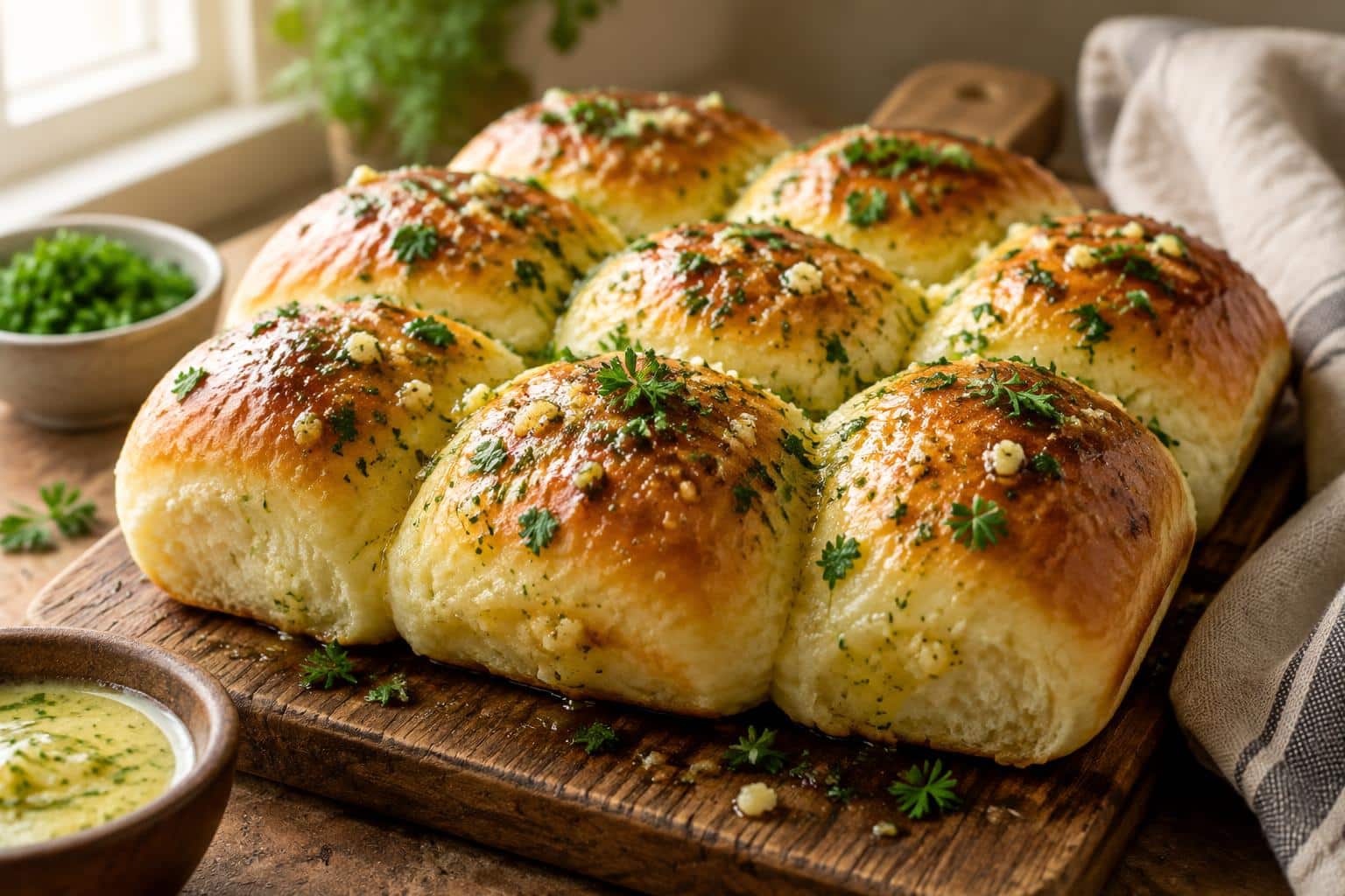 Fluffy garlic butter rolls freshly baked with melted butter and parsley garnish