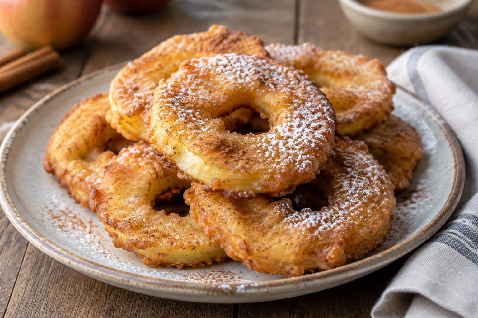 Fresh golden fried cinnamon apple rings stacked and garnished with powdered sugar and cinnamon