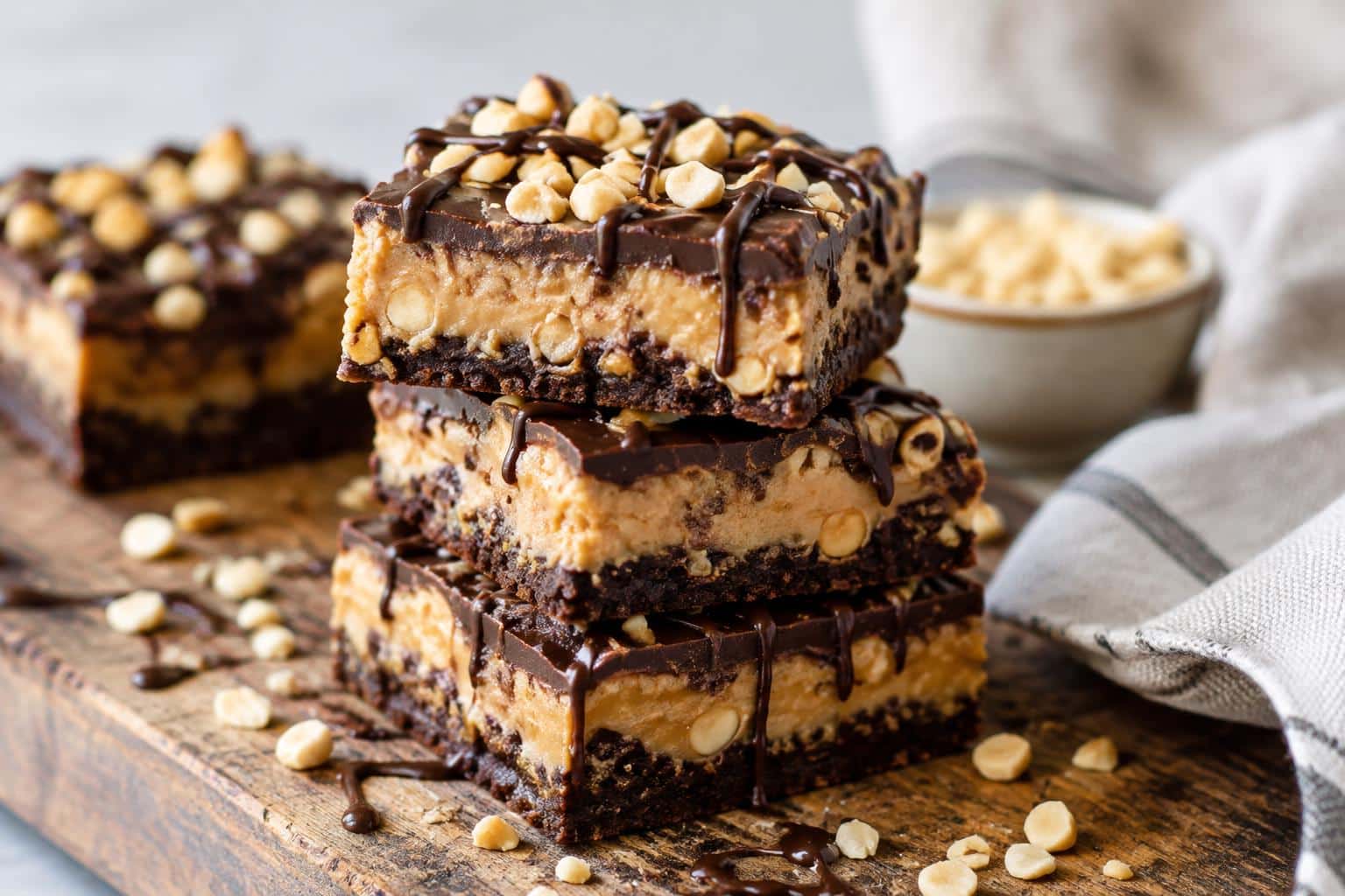 gluten free chubby hubby bars stacked with peanut butter and chocolate layers