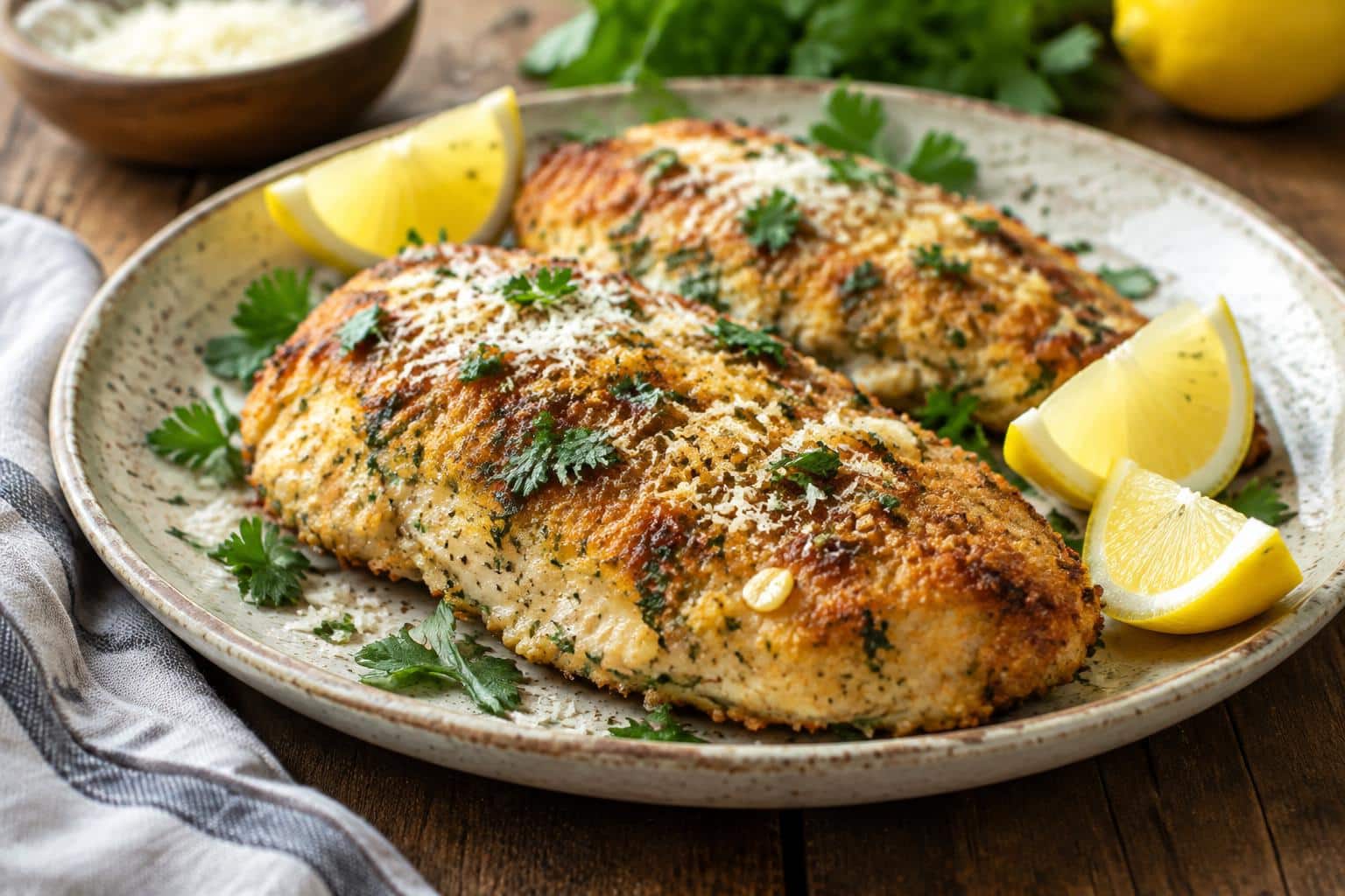 Lemon garlic parmesan chicken with golden crust and fresh parsley garnish on rustic plate