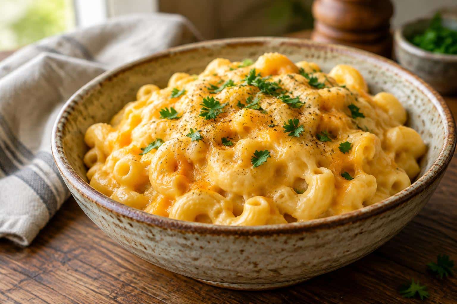 Creamy old-fashioned mac and cheese garnished with parsley and black pepper