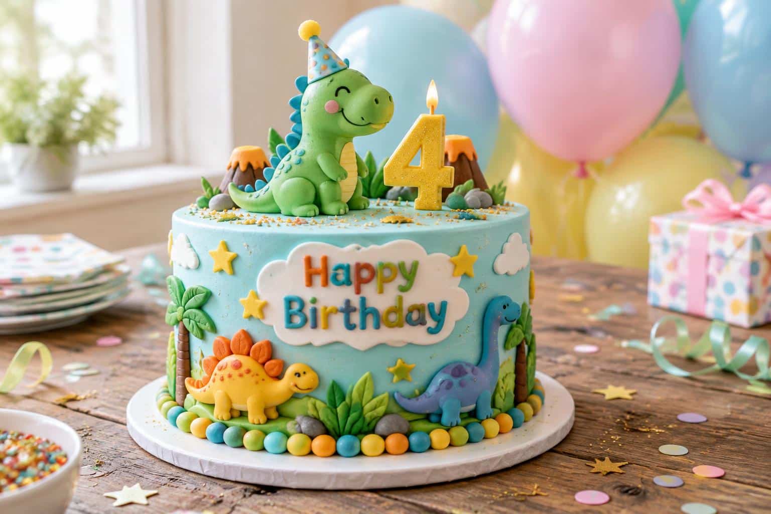 3D decorated kids birthday cake with colorful fondant and edible glitter on rustic wooden table