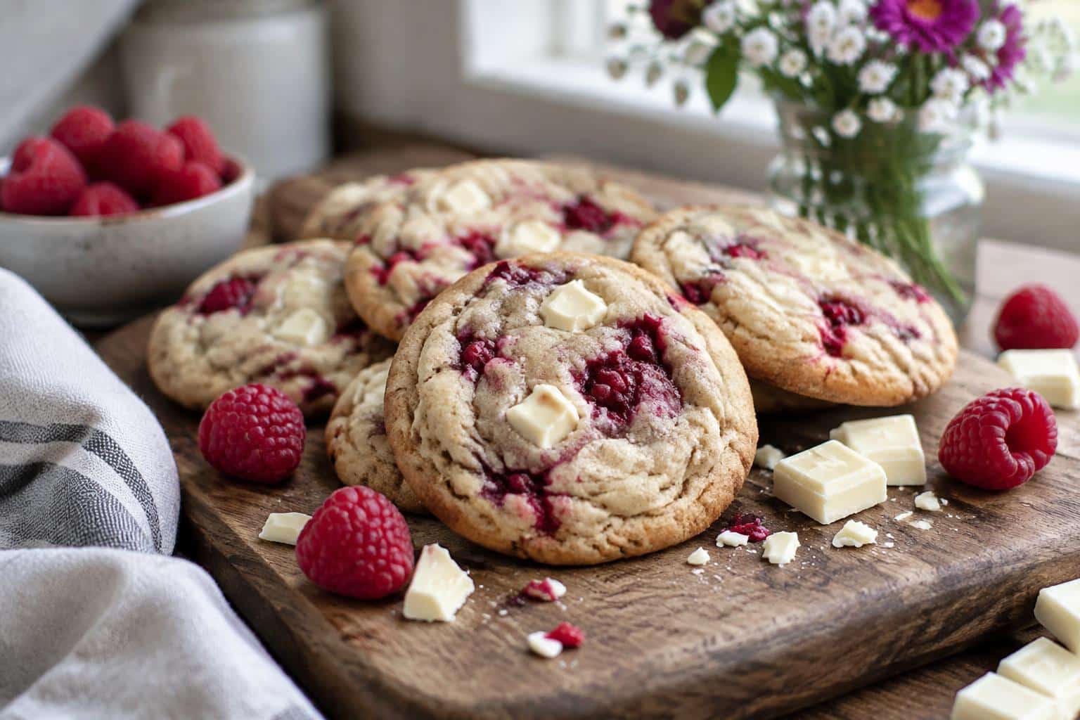 Freshly baked white chocolate raspberry cookies with chunks of white chocolate and raspberries
