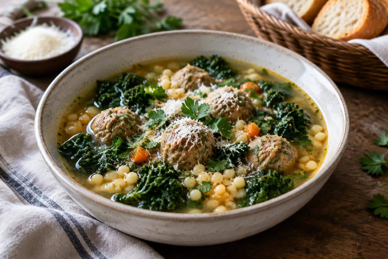 Winter wedding soup in a bowl garnished with kale and meatballs, showcasing winter wedding soup focus keyphrase