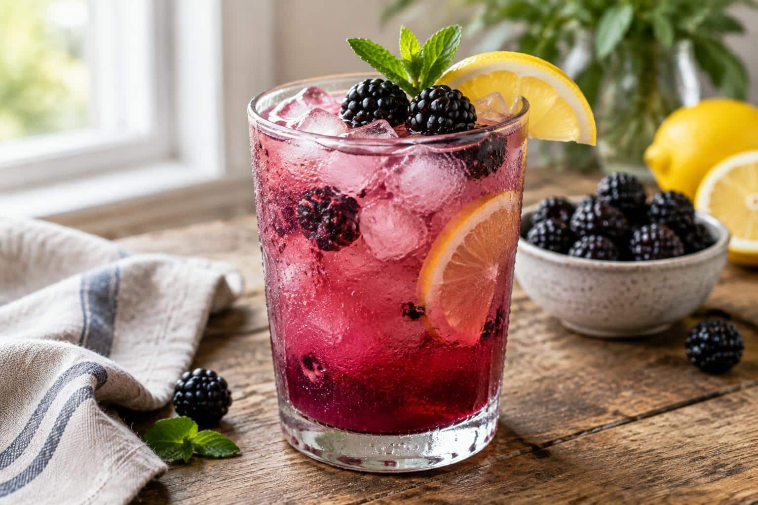Refreshing blackberry lemonade mocktail with fresh blackberries and lemon wedges in a glass