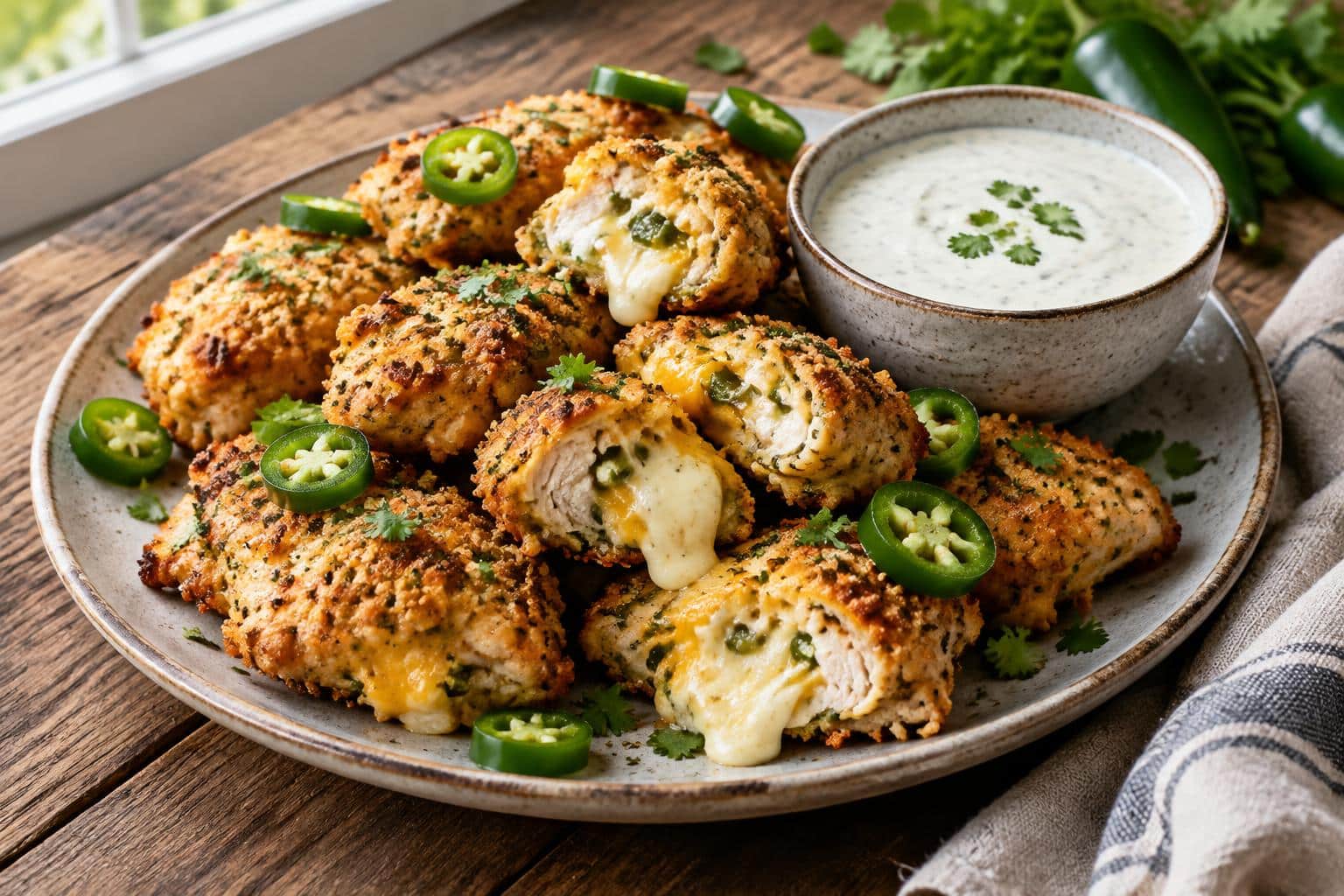 Zesty cheesy jalapeño ranch chicken poppers with a creamy ranch dip on a rustic plate