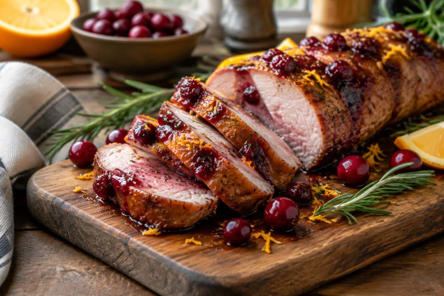 Sliced cranberry-orange pork tenderloin with fresh orange zest and cranberries on a wooden board