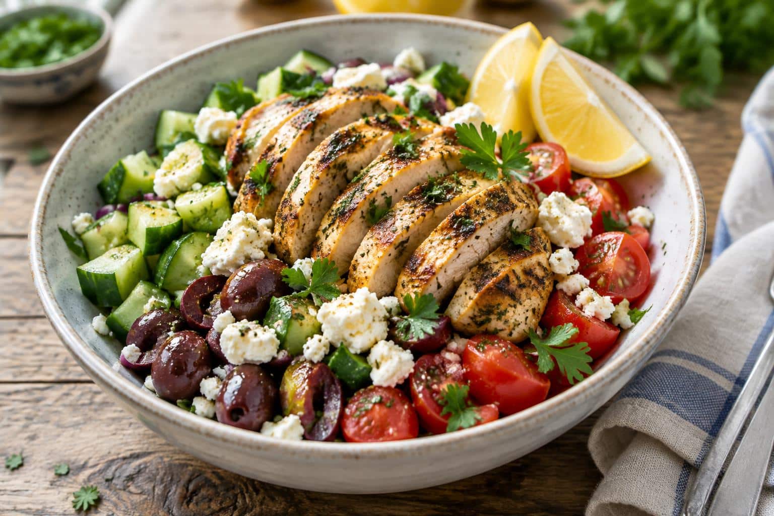 Zesty Greek chicken bowls with grilled chicken, fresh vegetables, and feta cheese in a bowl