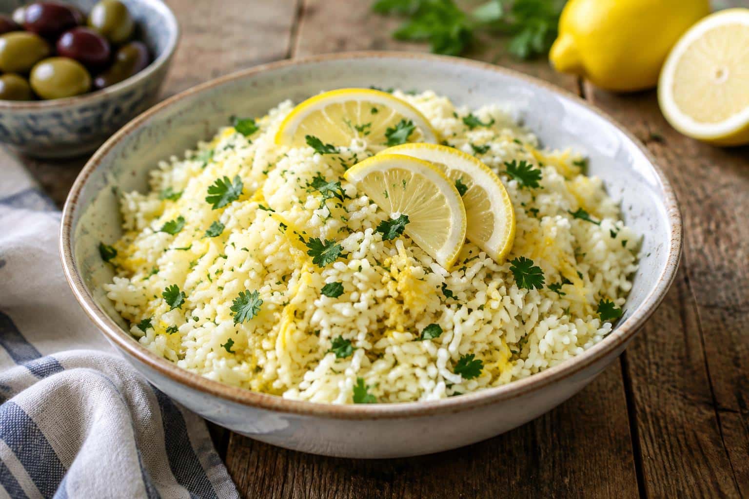 Bowl of vibrant zesty Greek lemon rice garnished with lemon slices and parsley