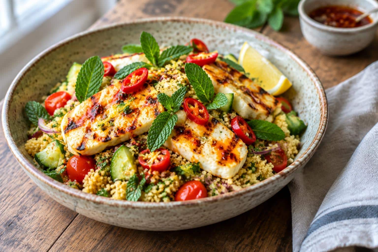 Zesty halloumi couscous salad with spicy honey dressing garnished with fresh herbs and chili slices