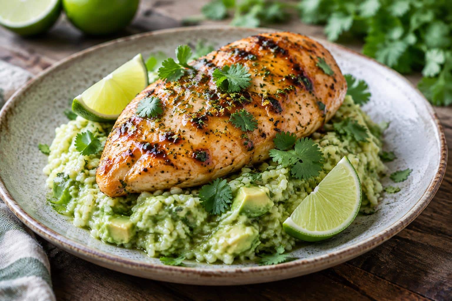 Zesty honey lime chicken served with creamy avocado rice garnished with lime wedges and cilantro