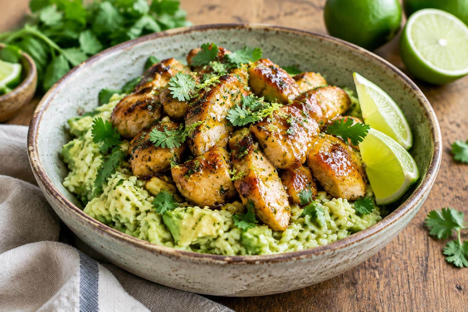 Honey lime chicken with creamy avocado rice garnished with lime wedges and cilantro