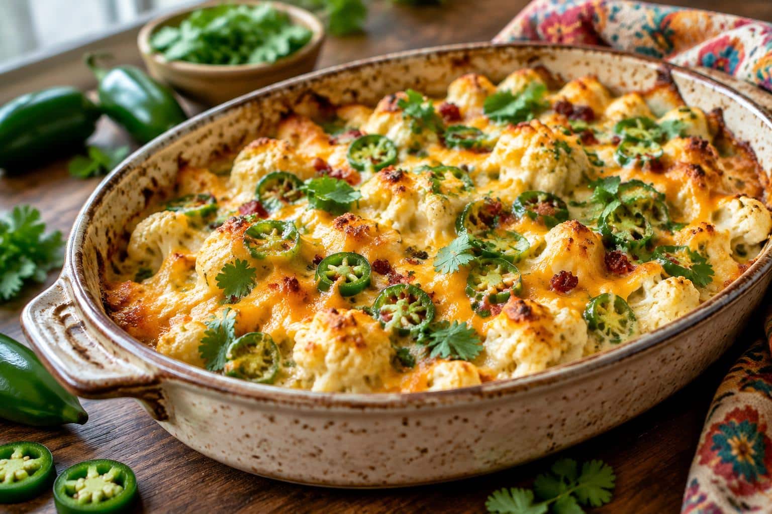 Zesty jalapeno popper cauliflower bake topped with melted cheese and cilantro