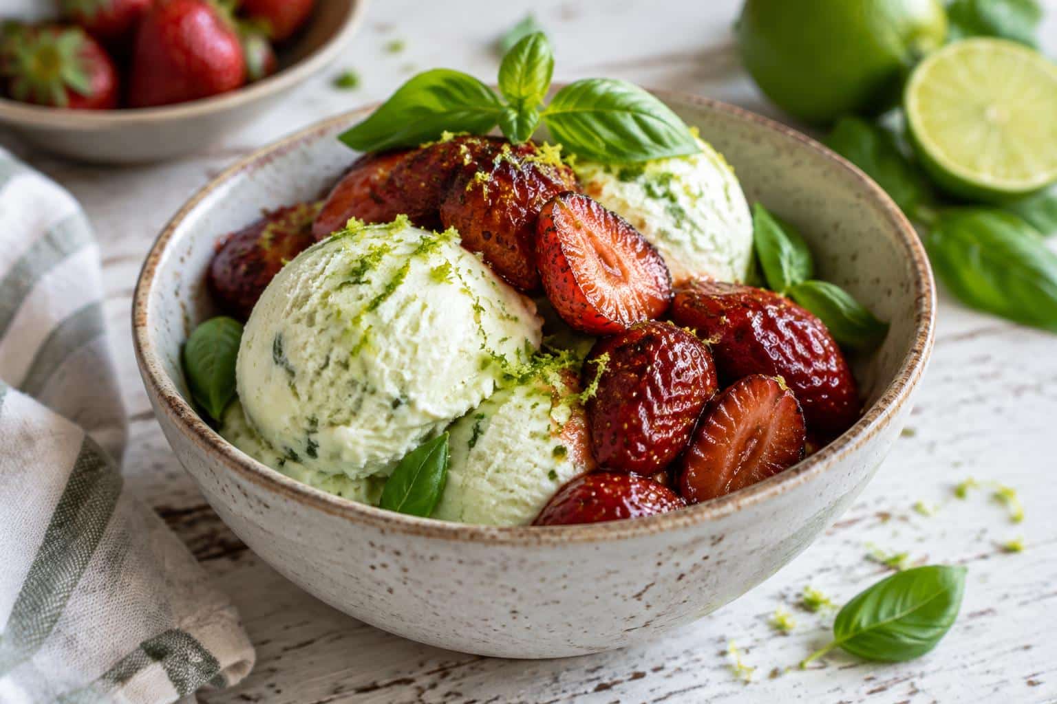 Bowl of lime basil ice cream topped with sweet roasted strawberries and fresh basil garnish