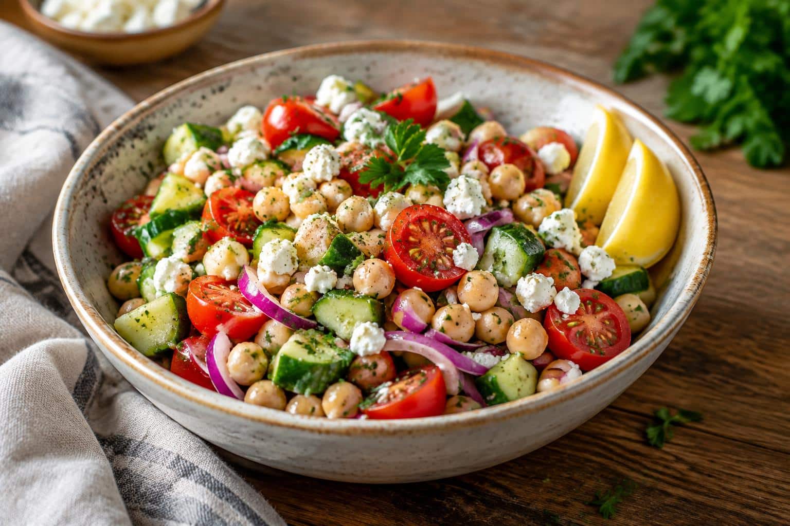 Mediterranean bean salad with chickpeas and fresh veggies in rustic bowl