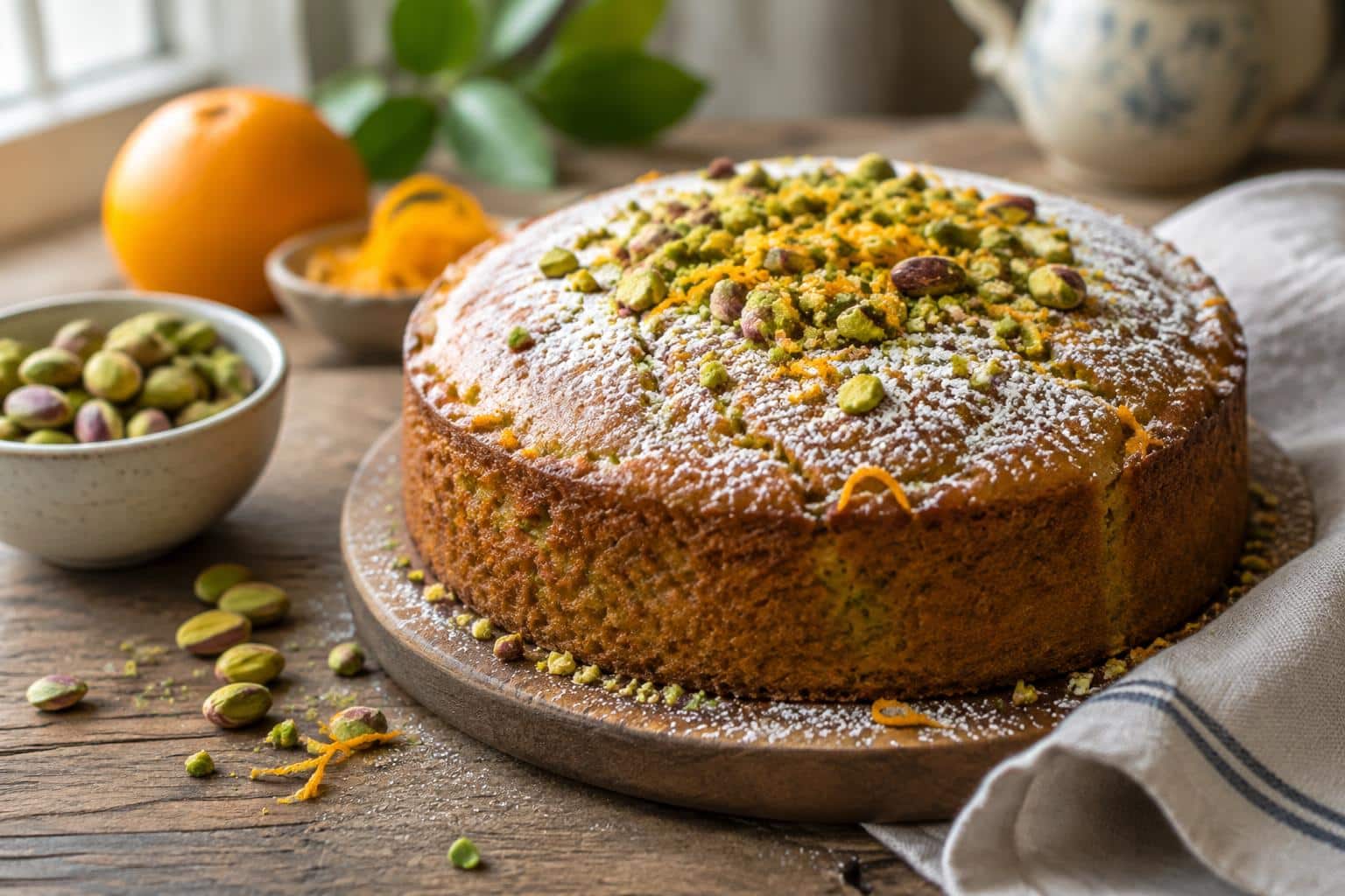 Close-up of a zesty orange cardamom pistachio tea cake garnished with crushed pistachios and orange zest