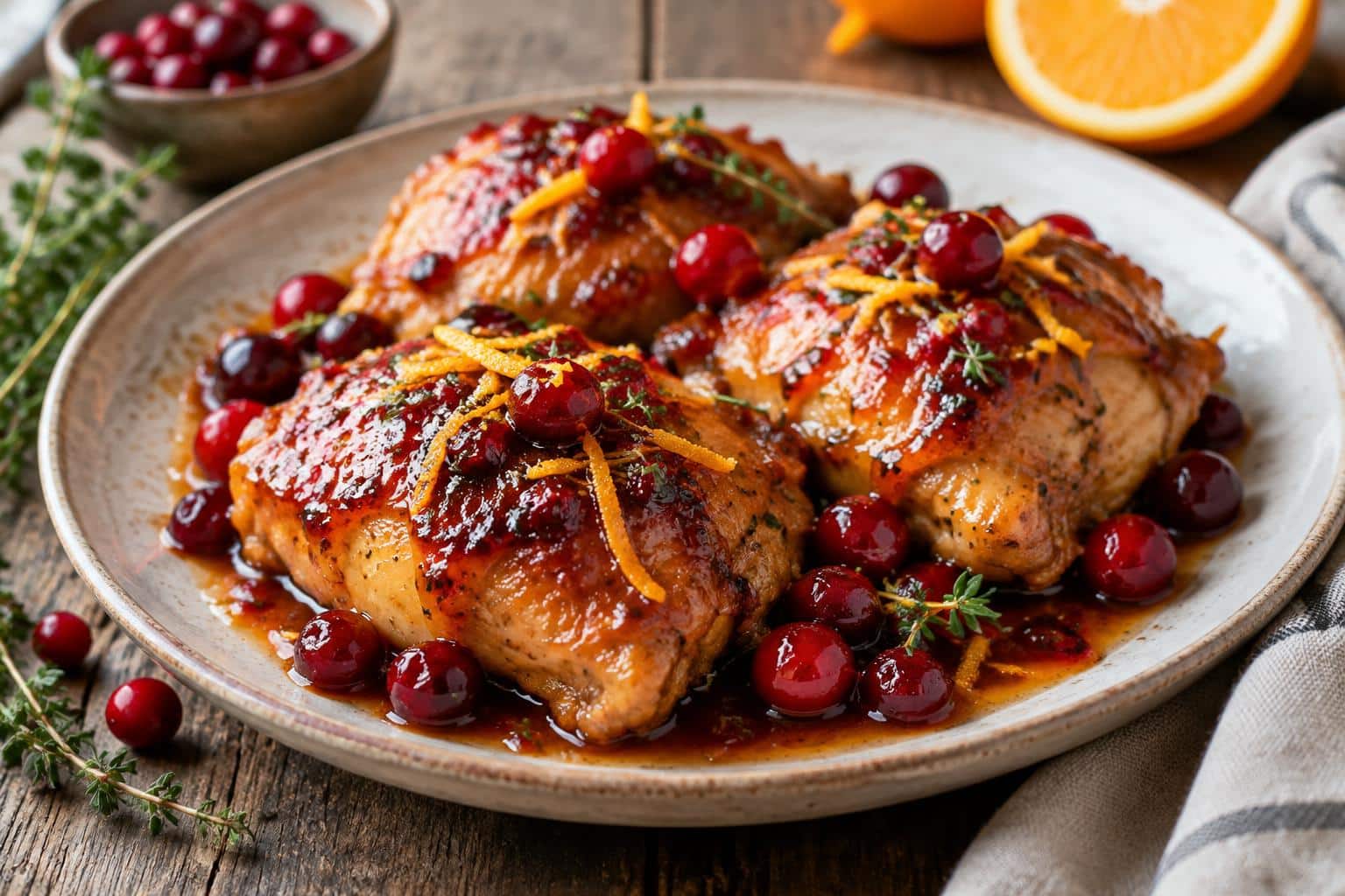 Zesty orange cranberry chicken thighs glazed and garnished with fresh cranberries and orange zest