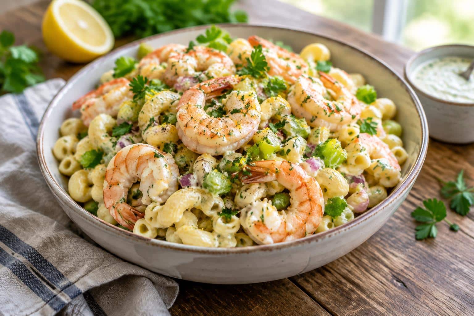 Zesty shrimp macaroni salad served in a bowl with creamy dressing and fresh herbs