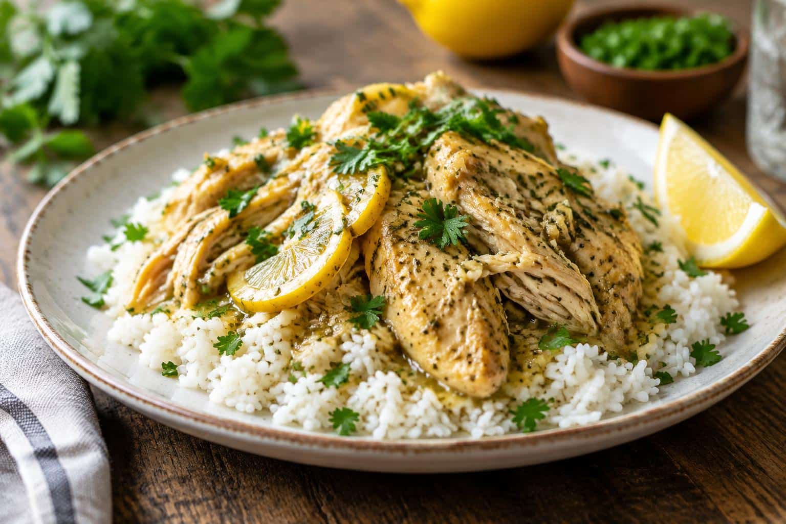 Slow cooker lemon chicken with fluffy herbed rice garnished with parsley and lemon wedge