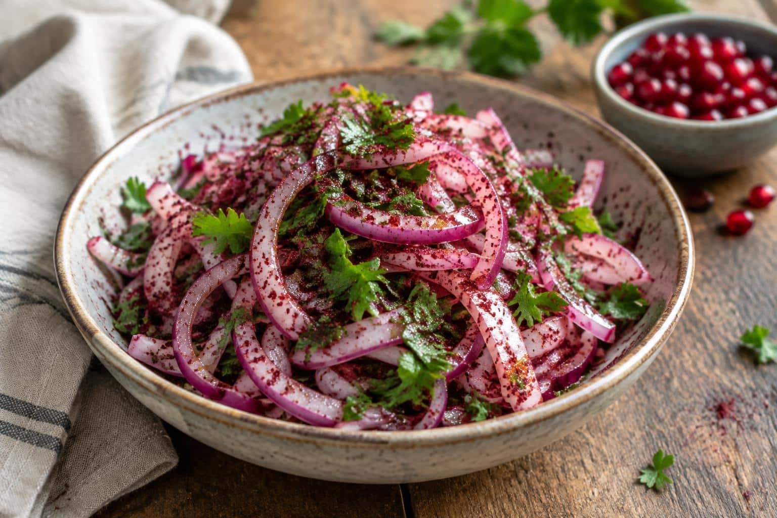 A bowl of zesty sumac onions salad with sliced red onions and fresh herbs, showcasing zesty sumac onions