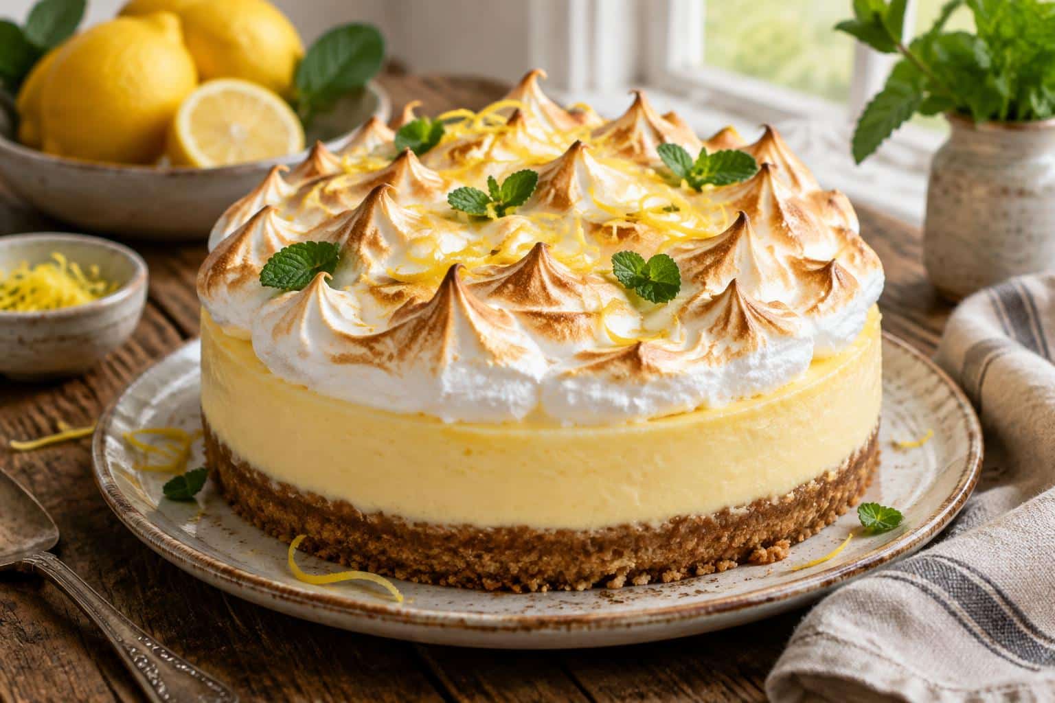 Zesty triple lemon meringue cheesecake topped with toasted meringue and lemon zest